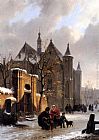 Famous Figures Paintings - A Capricio View With Figures Leaving A Church In Winter